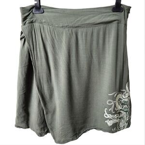 Smash! Olive Green Dragon Embroidered Faux Wrap A-line  Mini Skirt. Sz. L